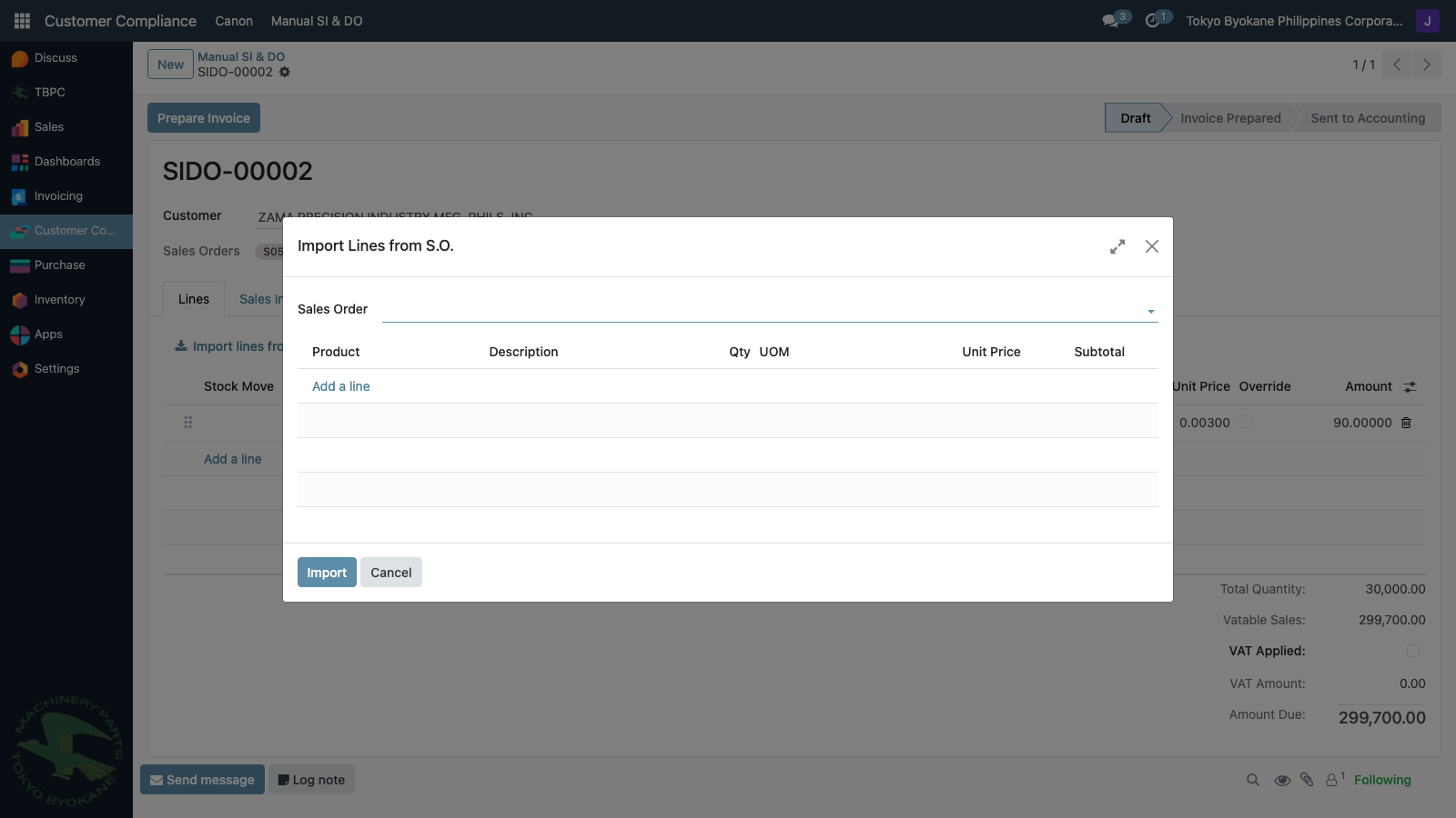 Import wizard with selectable SO lines