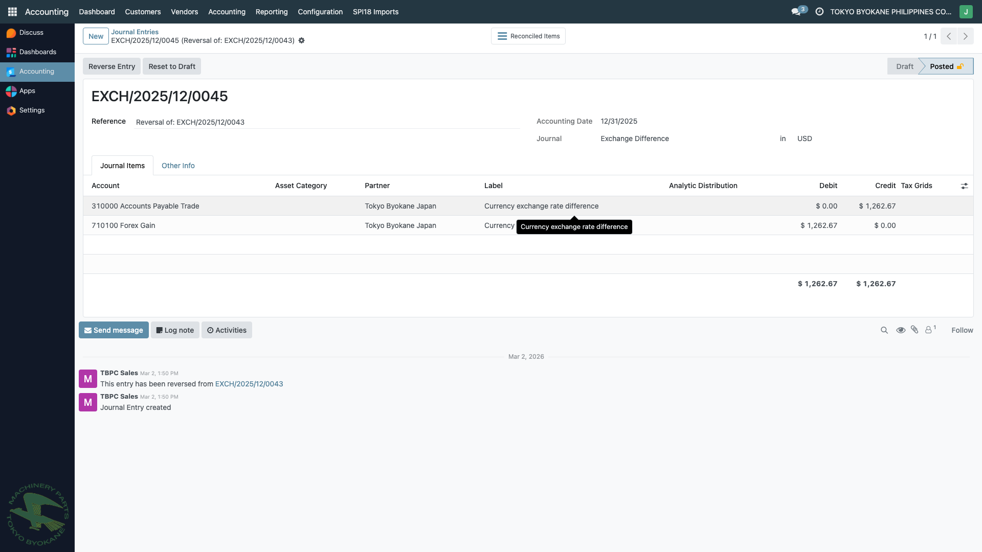 Exchange Difference Entry