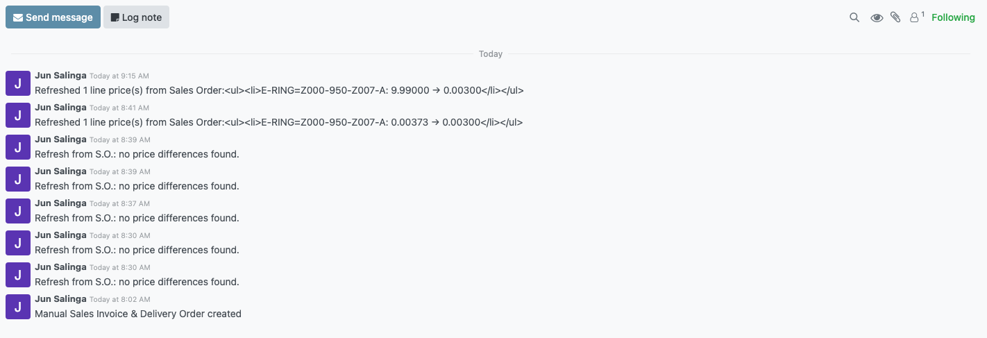 Chatter log of refreshed prices