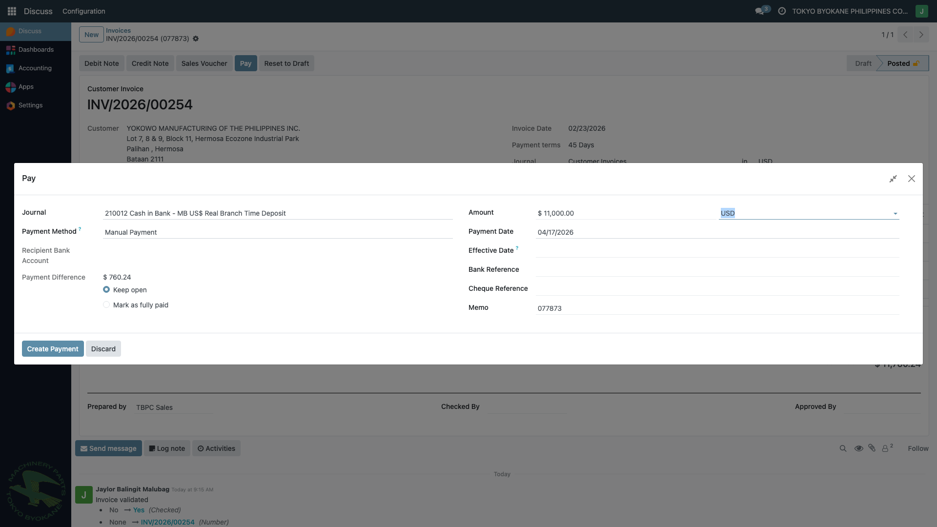 Pay dialog - Payment Difference visible