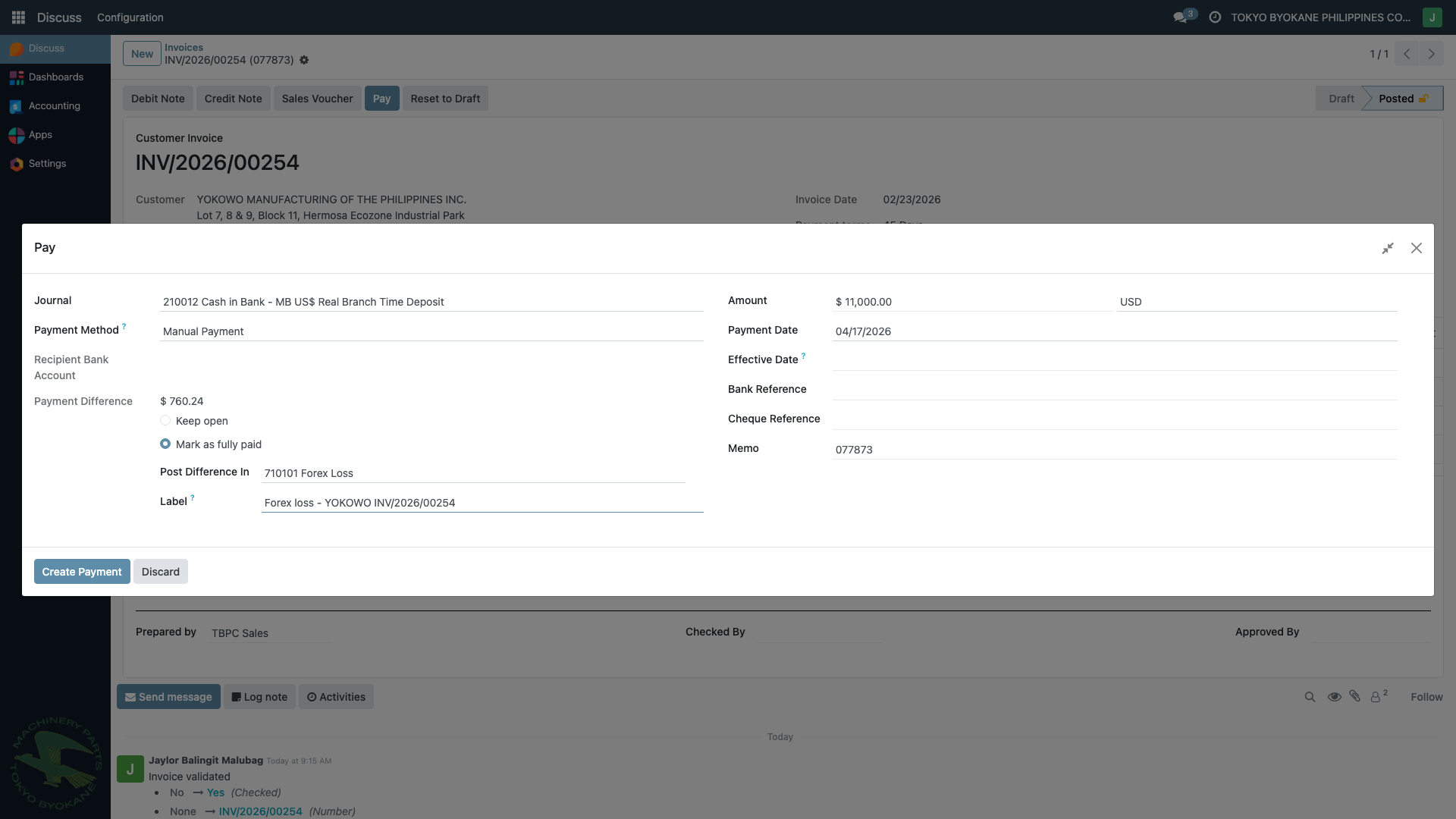 Mark as fully paid with Forex Loss account