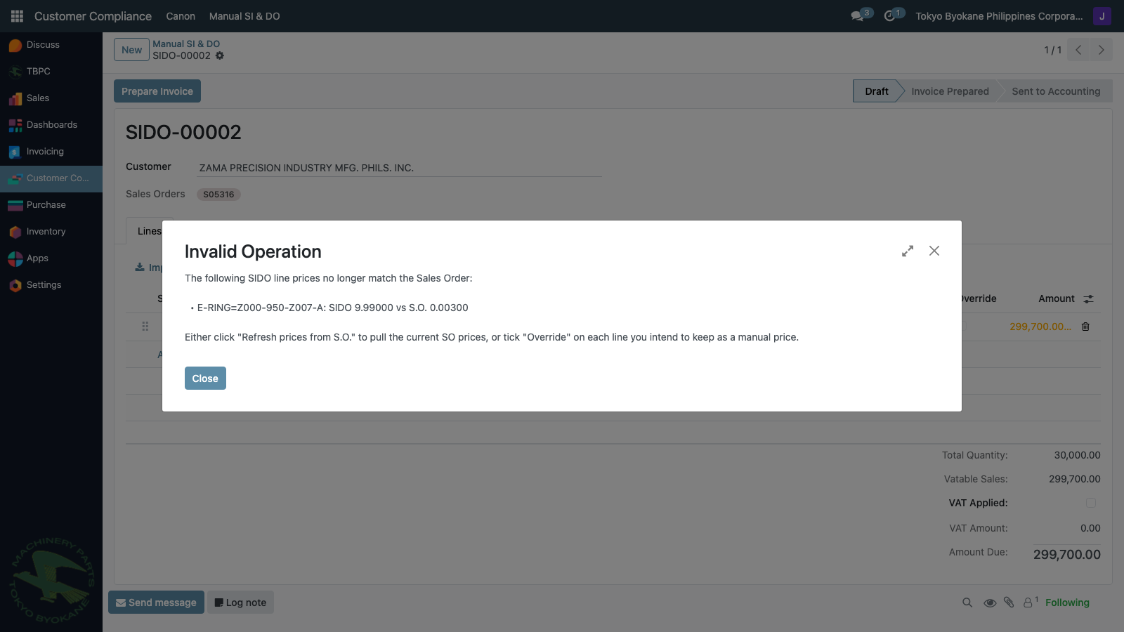 Prepare blocked with price-drift error