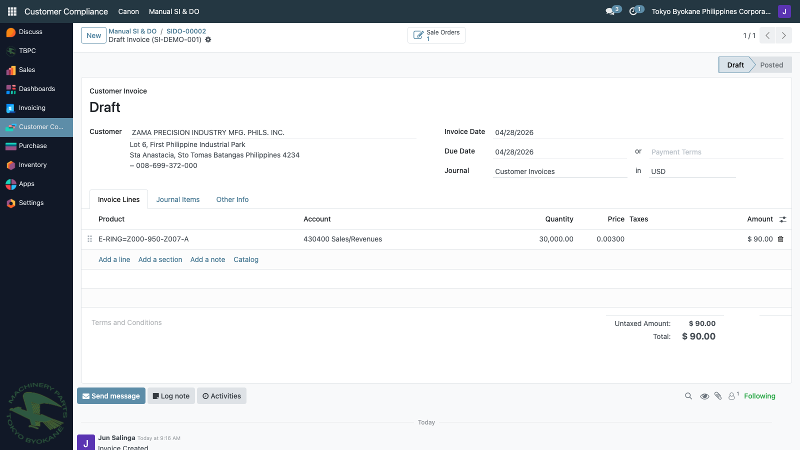 Linked draft invoice in ARE18
