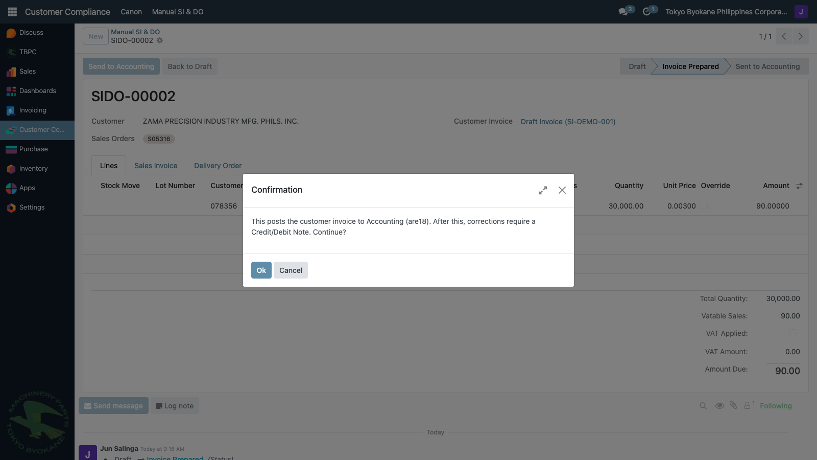 Send to Accounting confirm dialog